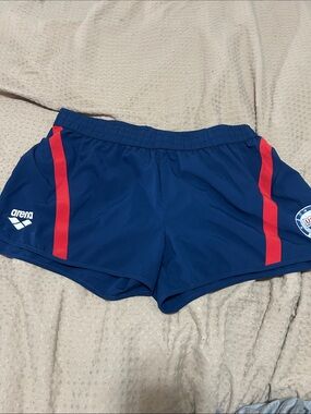 Arena Women's Navy Athletic Shorts with Red Stripes